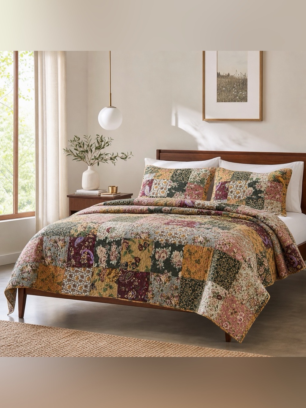 NEW Anthropologie Cotton Reversible Patchwork Queen King Bedding Quilt Sham Set - Picture 3 of 15